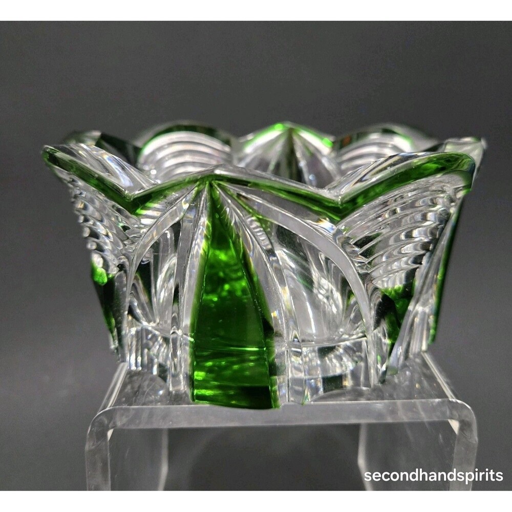 Emerald Green Bohemian Czech Art Crystal Cut To Clear Candy Trinket Dish Bowl